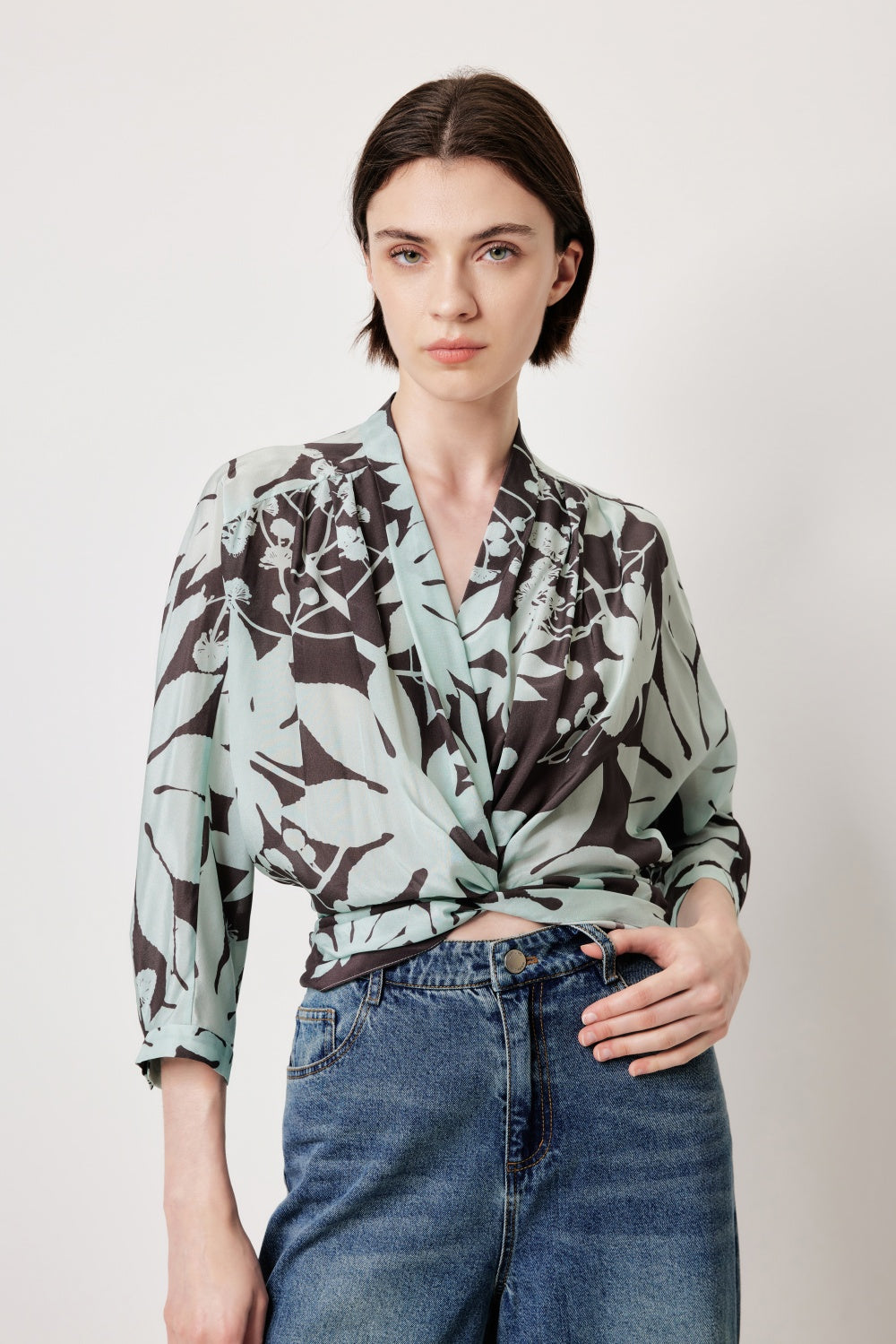 MARYLING Blue-Brown Tree Shadow Print Silk Blouses
