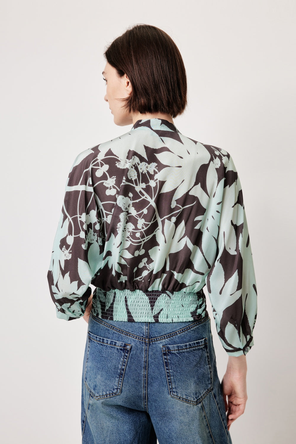 MARYLING Blue-Brown Tree Shadow Print Silk Blouses