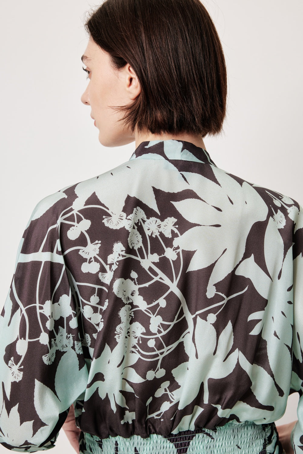 MARYLING Blue-Brown Tree Shadow Print Silk Blouses