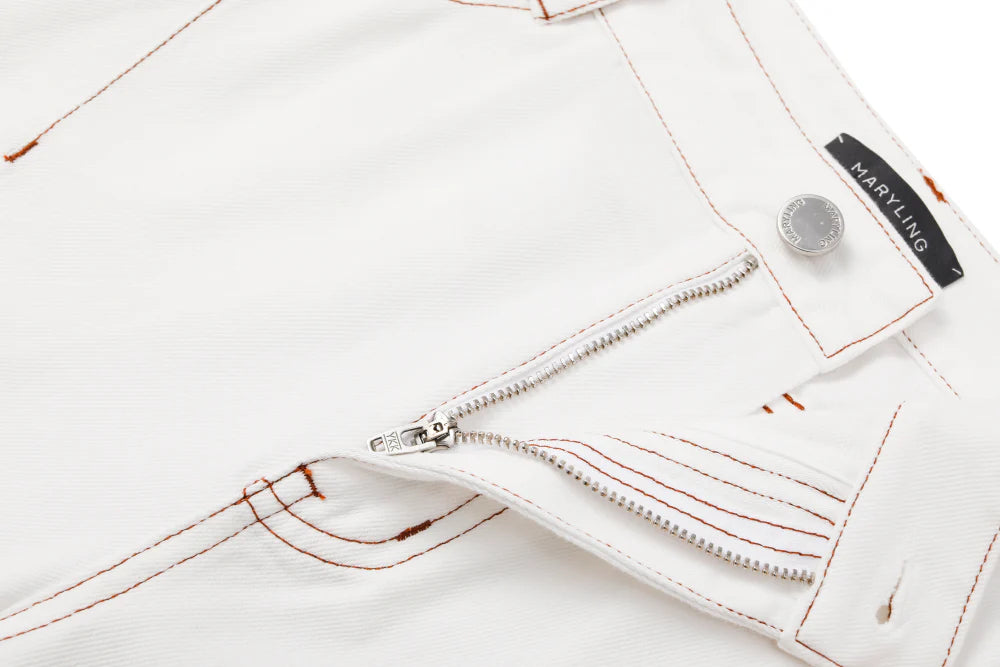 MARYLING Textured White Washed Jeans – Metal Zipper Detail