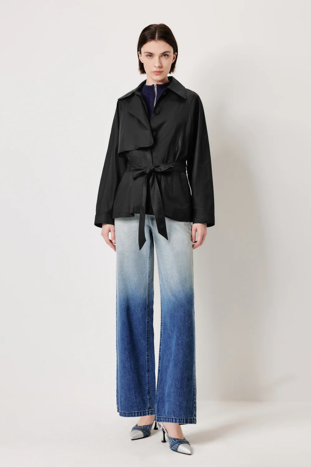 MARLING Notched‑Collar Trench Coat – Black with Detachable Belt