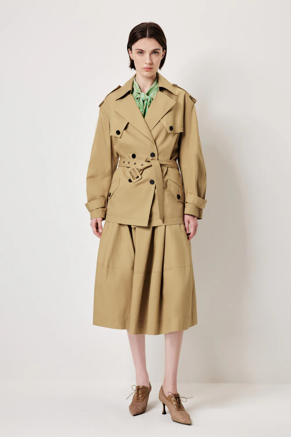 MARYLING Khaki Coat – Wide Belt & Vintage Texture