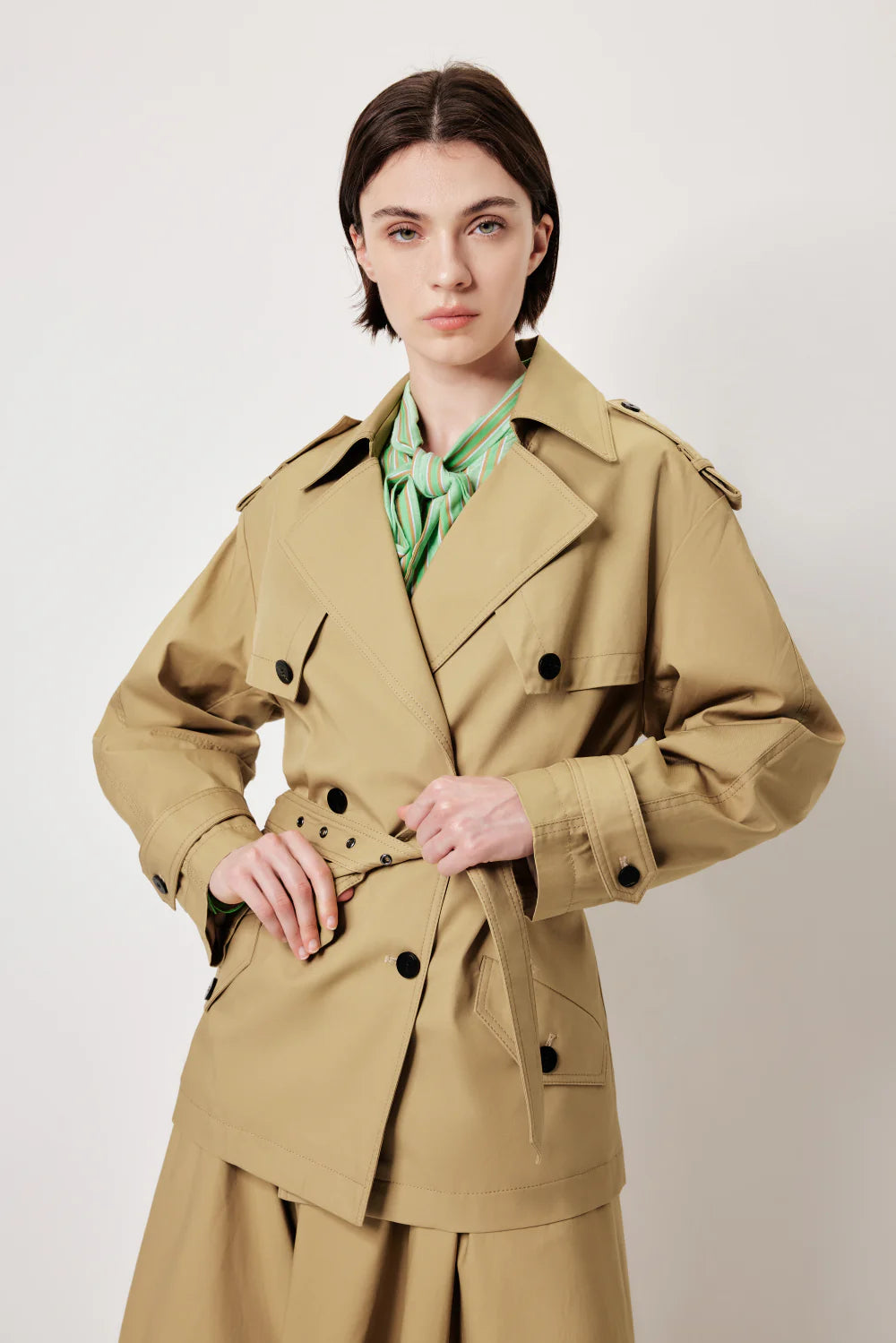 MARYLING Khaki Coat – Wide Belt & Vintage Texture