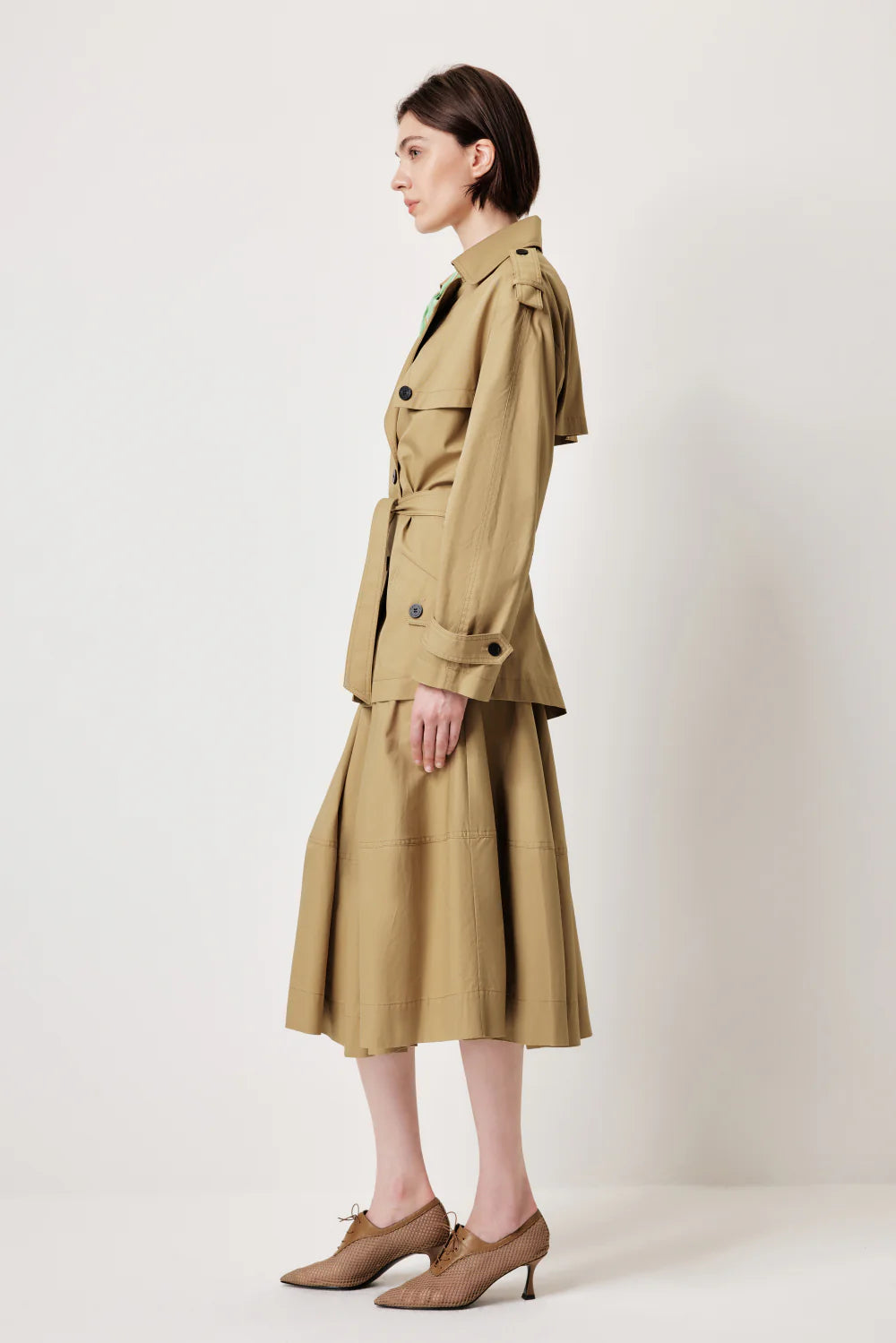 MARYLING Khaki Coat – Wide Belt & Vintage Texture