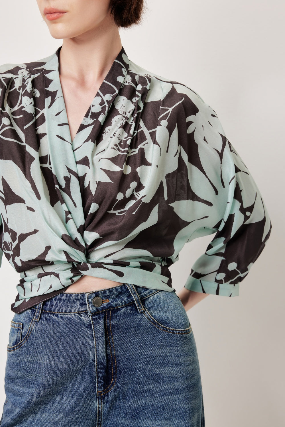 MARYLING Blue-Brown Tree Shadow Print Silk Blouses