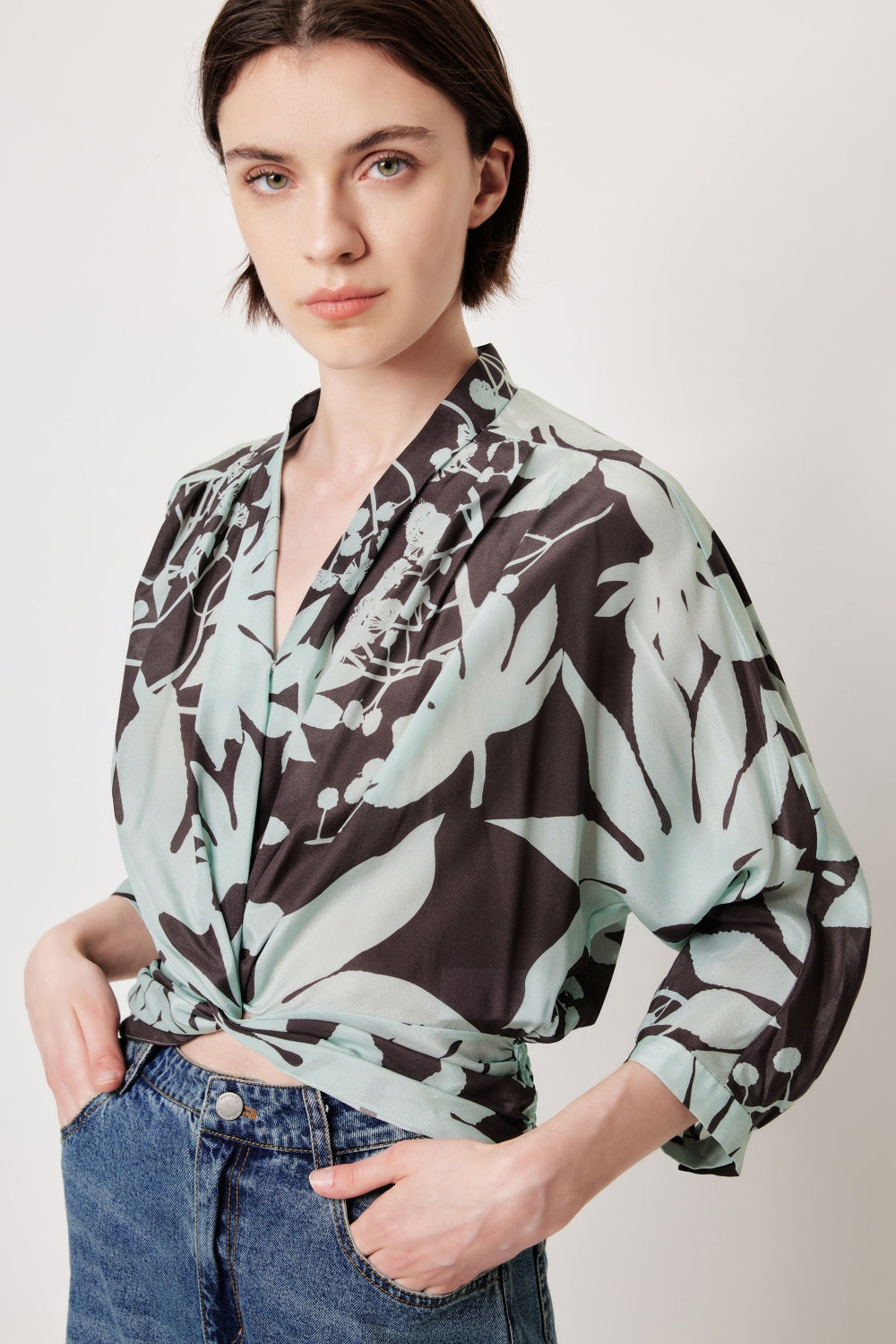 MARYLING Blue-Brown Tree Shadow Print Silk Blouses