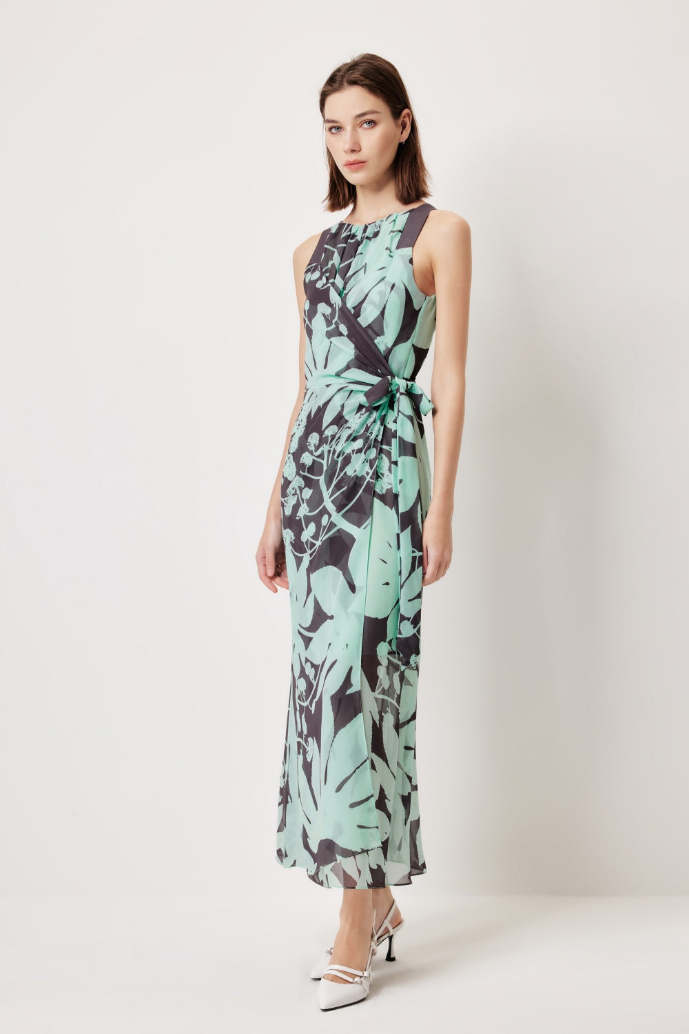 MARYLING 블루-브라운 트리 쉐도우 프린트 드레스