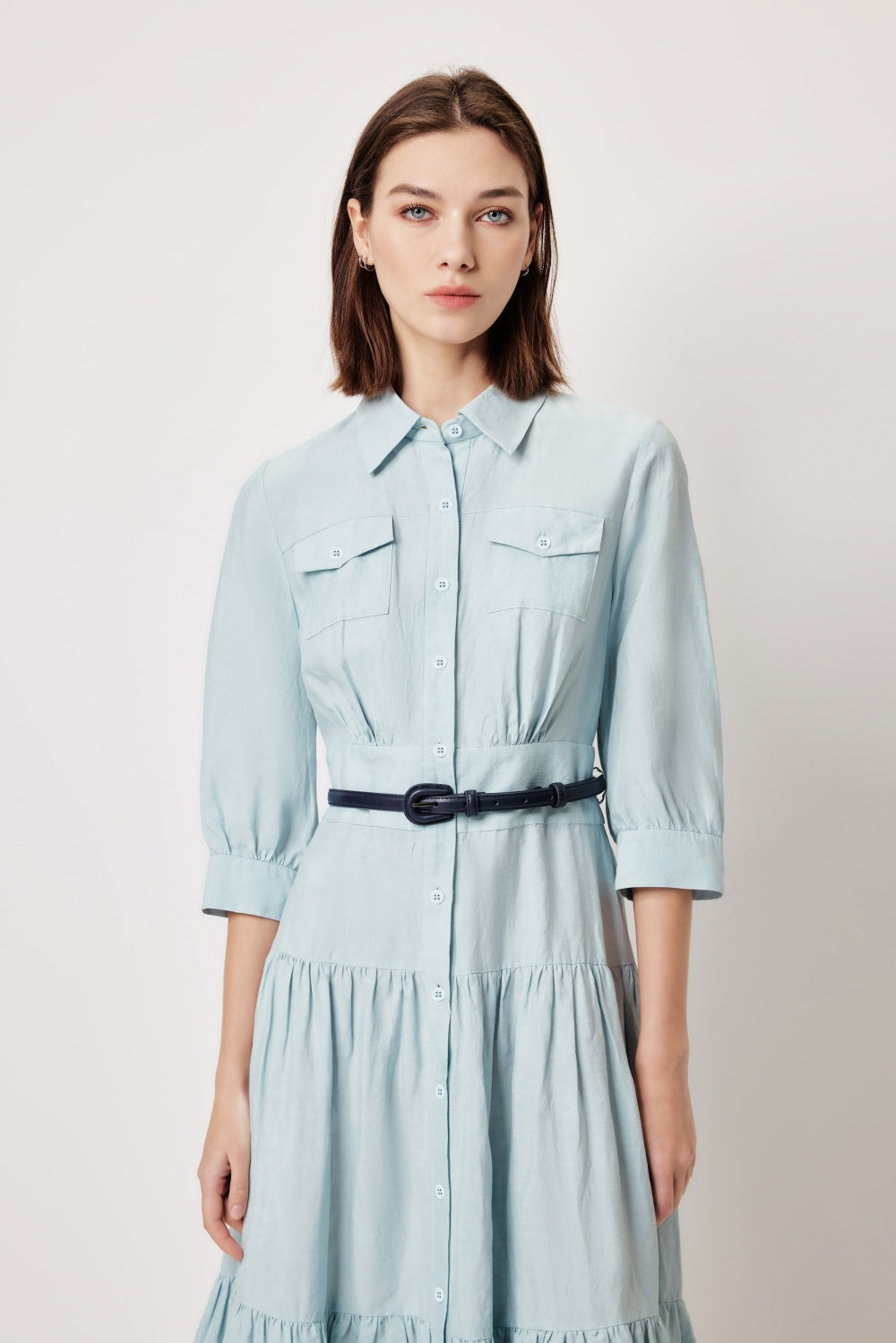 MARYLING 아이스 블루 리넨 블렌드 드레스