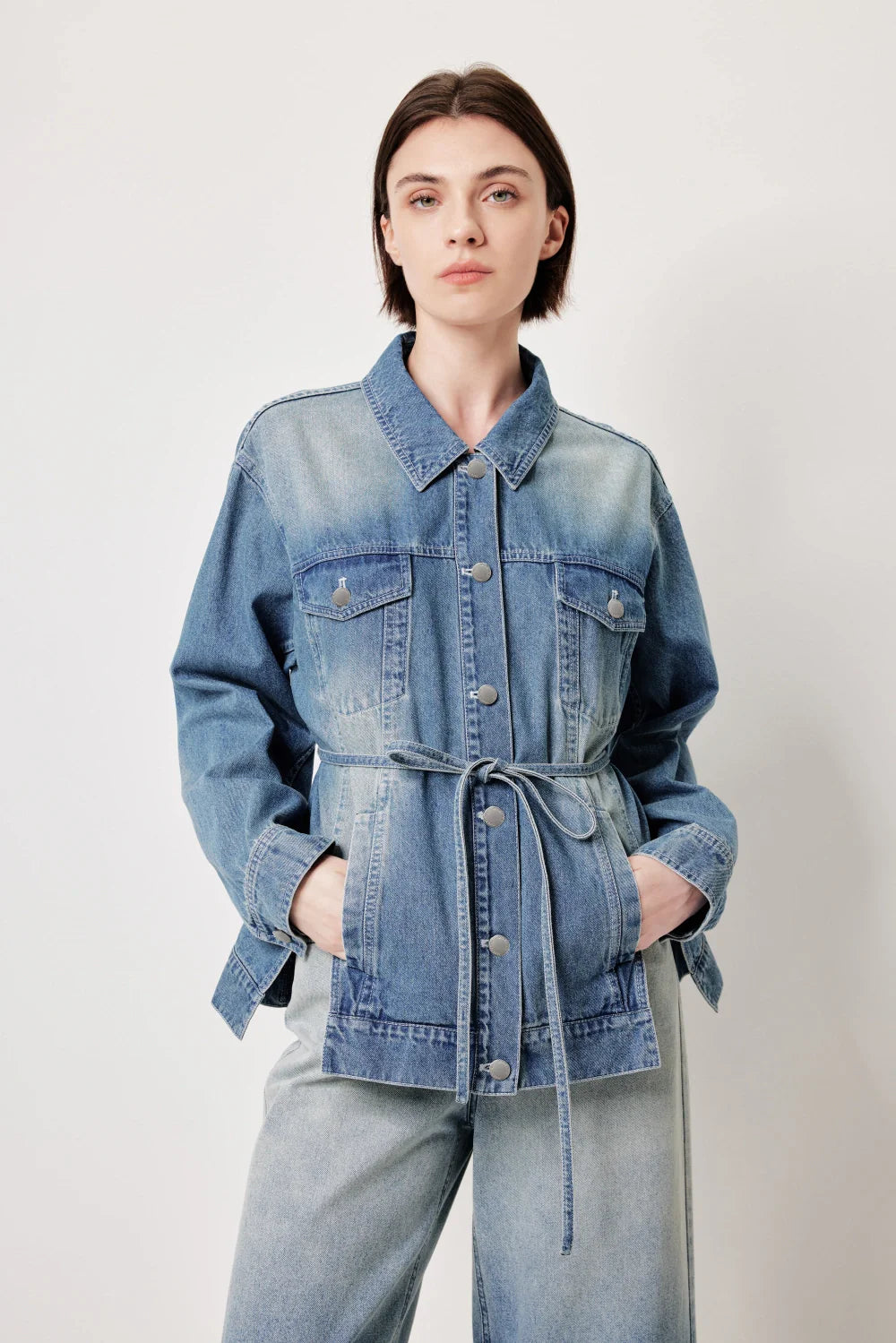 MARYLING Vintage Wash Denim Jacket with Belt