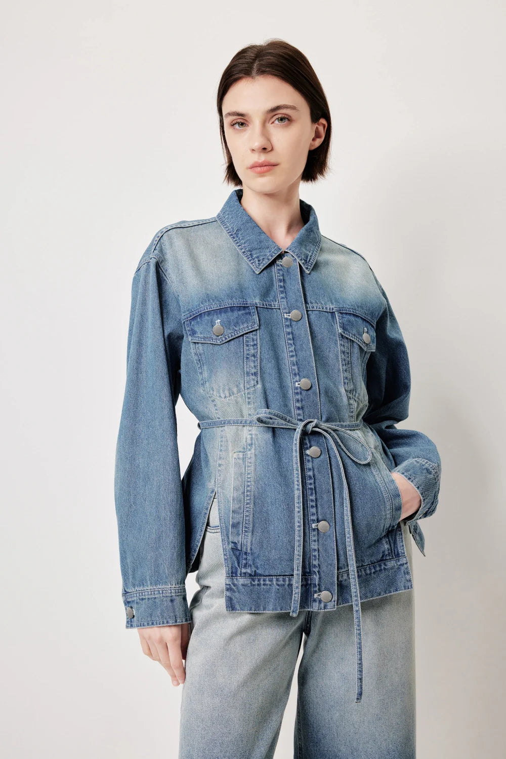 MARYLING Vintage Wash Denim Jacket with Belt
